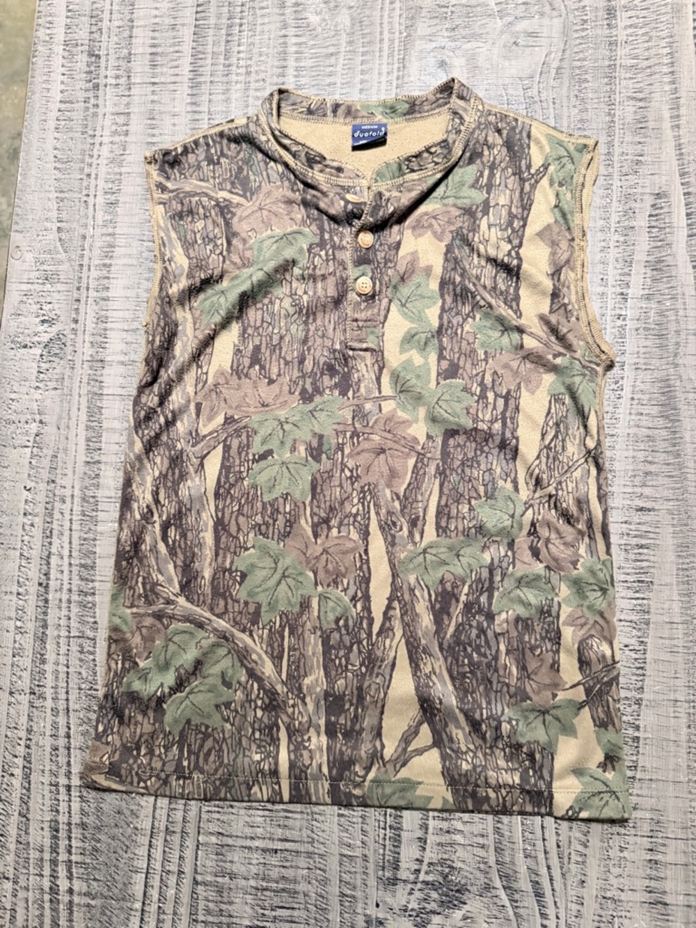 Men's Sleeveless (Cut Off)Camo Henley Tank Top - Green & Brown Vintage Camo